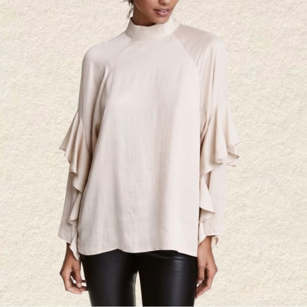 H&M Conscious Cream Ruffle Long Sleeve Silky Retro Style Blouse High Neck Sz 10